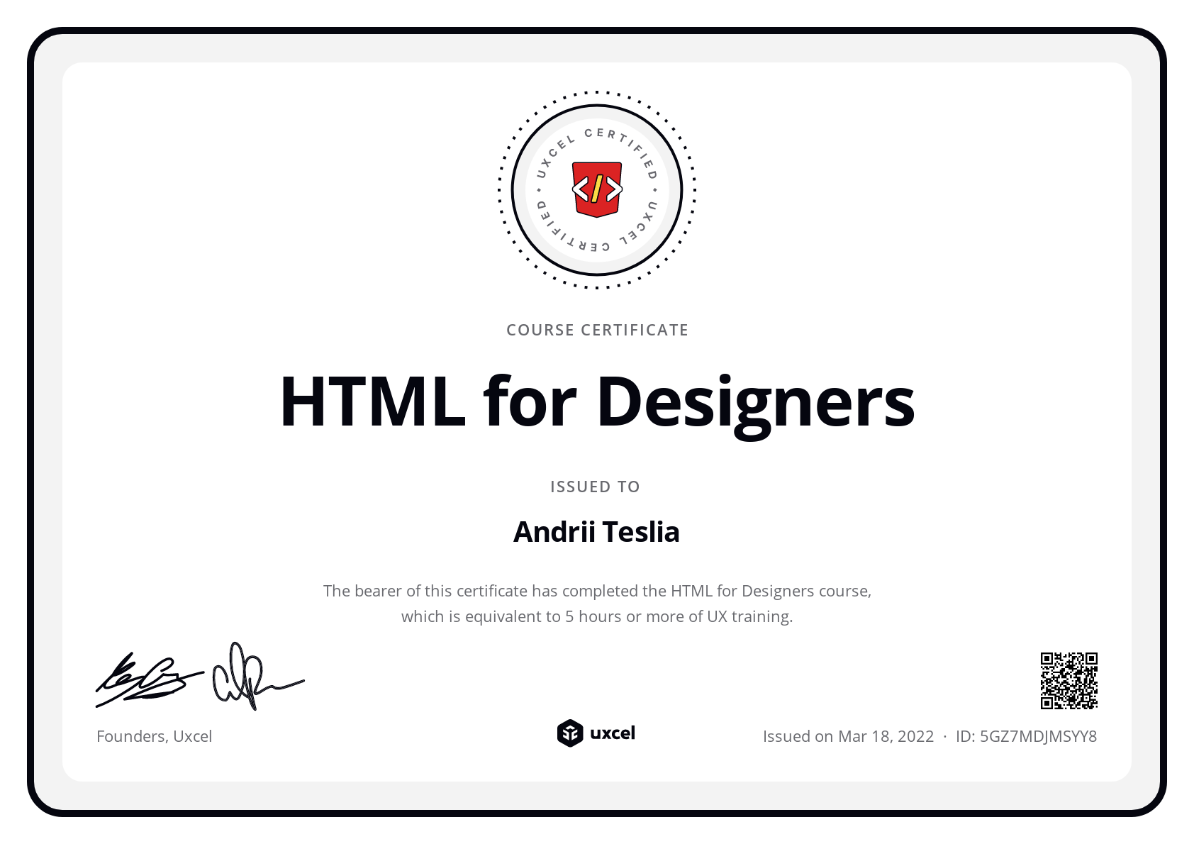 Andrii Teslia's certificate